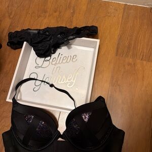 SOLD-Victoria's Secret Black Sequin Bra and thong panty